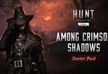 A dark-clad hunter tips his hat beneath a red moon beside the Among Crimson Shadows Starter Pack title.