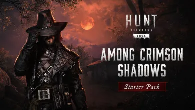 A dark-clad hunter tips his hat beneath a red moon beside the Among Crimson Shadows Starter Pack title.