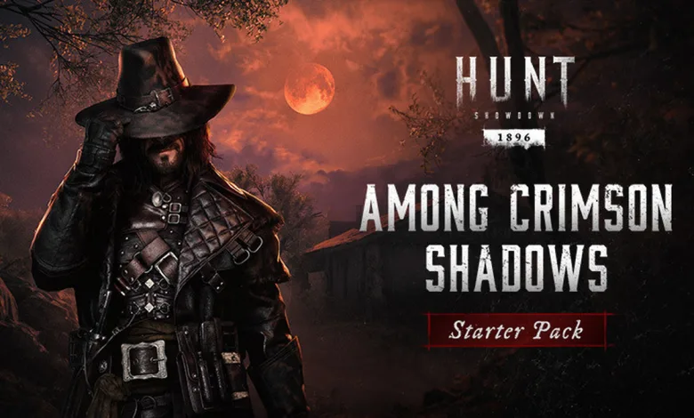 A dark-clad hunter tips his hat beneath a red moon beside the Among Crimson Shadows Starter Pack title.