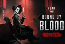 A pale-haired woman in a dark hat and coat sits holding a pistol beside the Hunt: Showdown 1896 Bound by Blood title.