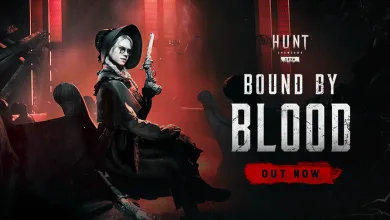 A pale-haired woman in a dark hat and coat sits holding a pistol beside the Hunt: Showdown 1896 Bound by Blood title.
