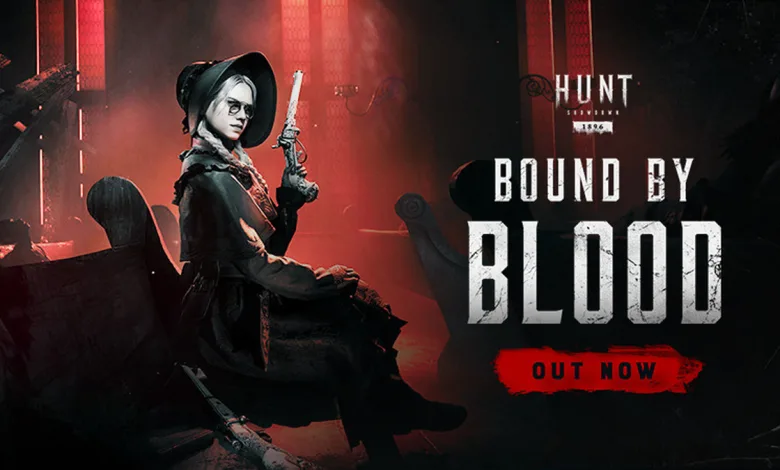 A pale-haired woman in a dark hat and coat sits holding a pistol beside the Hunt: Showdown 1896 Bound by Blood title.