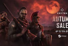 Promotional artwork for Crytek's Autumn Sale showing three armed characters beneath a red moon, with text announcing discounts up to 75 percent.