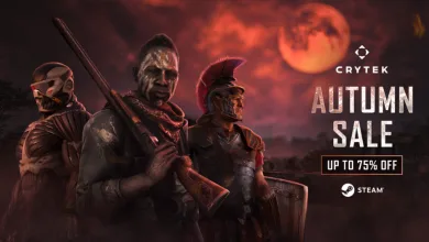 Promotional artwork for Crytek's Autumn Sale showing three armed characters beneath a red moon, with text announcing discounts up to 75 percent.