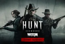Three Hunt: Showdown 1896 hunters stand in a foggy landscape above an Event Survey banner.