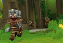 An armored Hytale character stands before two enemies among overgrown stone ruins.