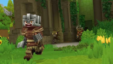 An armored Hytale character stands before two enemies among overgrown stone ruins.