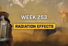A suited prospector stands in a dusty yellow landscape as a radiation cloud and creature loom behind him.