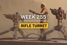 Two mounted rifle turrets flank an Icarus prospector holding a rifle.