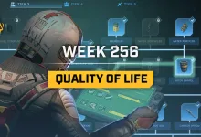 An armored Icarus prospector holds a tablet in front of a Tech Tree interface beneath Week 256 Quality of Life lettering.