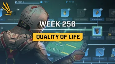 An armored Icarus prospector holds a tablet in front of a Tech Tree interface beneath Week 256 Quality of Life lettering.