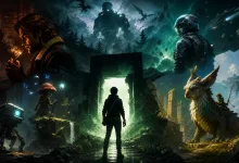 A silhouetted explorer faces a glowing portal, surrounded by scenes from varied fantasy and science-fiction game worlds.