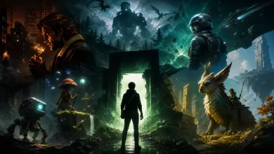 A silhouetted explorer faces a glowing portal, surrounded by scenes from varied fantasy and science-fiction game worlds.