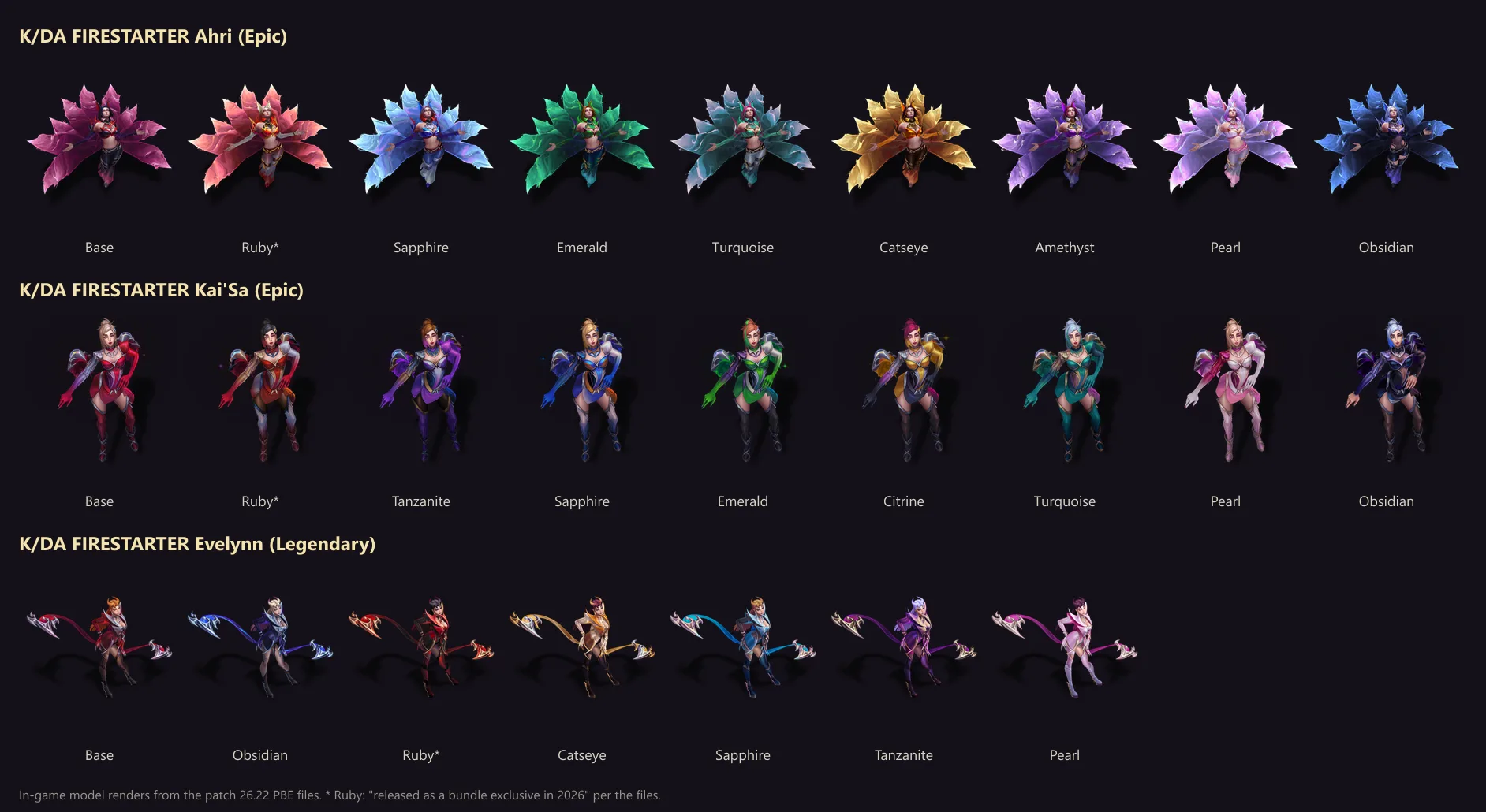 In-game models for K/DA FIRESTARTER Ahri, Kai'Sa, and Evelynn with their chromas