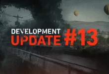 A road and settlement beneath hot-air balloons, overlaid with the words “Development Update #13.”