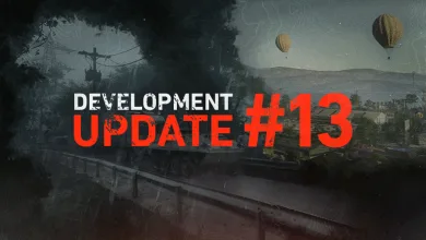 A road and settlement beneath hot-air balloons, overlaid with the words “Development Update #13.”