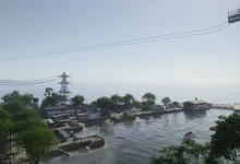 A waterfront settlement with docks, low buildings, trees, and utility towers in Incursion Red River.