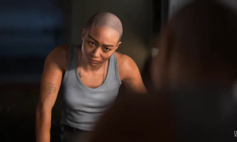 A bald character in a gray tank top leans forward in a dimly lit scene from Intergalactic: The Heretic Prophet.