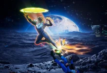 A fighter leaps across a rocky alien landscape while projecting a glowing portal-like attack at another character below.