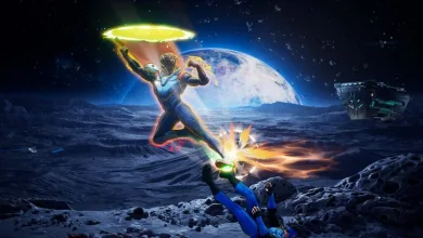 A fighter leaps across a rocky alien landscape while projecting a glowing portal-like attack at another character below.