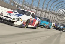 A pack of stock cars races around the Dover oval in iRacing.