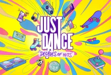 Colorful Just Dance: Decades of Hits title artwork surrounded by cassette tapes, headphones, a disco ball, and other music and dance objects.