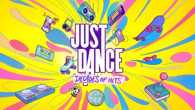 Colorful Just Dance: Decades of Hits title artwork surrounded by cassette tapes, headphones, a disco ball, and other music and dance objects.