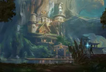 A lush temple settlement beside a waterfall in Kena: Scars of Kosmora, with a small figure standing on a wooden platform.