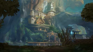 A lush temple settlement beside a waterfall in Kena: Scars of Kosmora, with a small figure standing on a wooden platform.