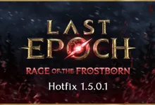 Last Epoch Hotfix 1.5.0.1 title graphic over a dark red battle scene.