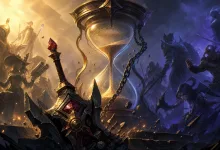 Fantasy champions gather around a chained hourglass between golden and violet battlefields.