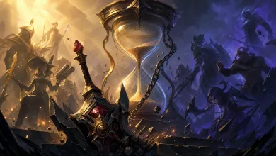 Fantasy champions gather around a chained hourglass between golden and violet battlefields.