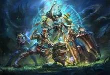 A group of League of Legends champions gathers around a central figure amid blue magical effects.