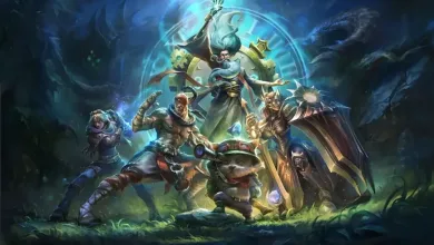 A group of League of Legends champions gathers around a central figure amid blue magical effects.