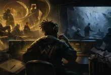A headphone-wearing producer works at a mixing desk as a stylized band appears in warm gold light and a management meeting unfolds on a blue-lit screen.