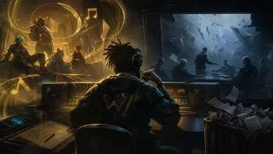 A headphone-wearing producer works at a mixing desk as a stylized band appears in warm gold light and a management meeting unfolds on a blue-lit screen.