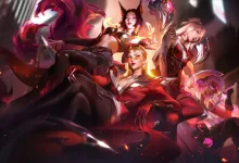 Five stylized K/DA characters in dark red and black outfits