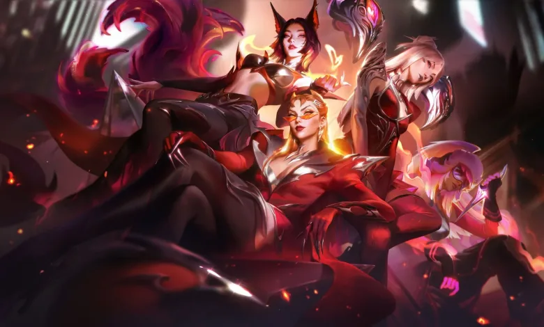 Five stylized K/DA characters in dark red and black outfits