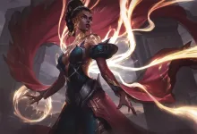 Mel stands amid sweeping golden energy in League of Legends character artwork.