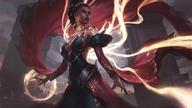Mel stands amid sweeping golden energy in League of Legends character artwork.