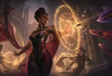 Mel holds a glowing golden barrier as magical projectiles strike it in a fantasy battle.