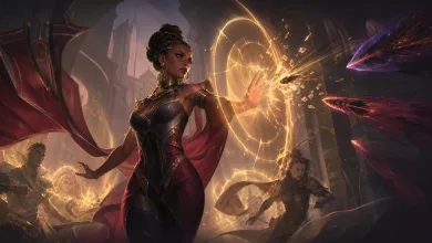 Mel holds a glowing golden barrier as magical projectiles strike it in a fantasy battle.