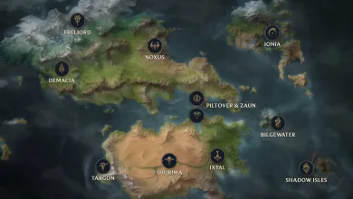 Map of Runeterra showing regions including Freljord, Demacia, Noxus, Ionia, Piltover and Zaun, Bilgewater, Shurima, Ixtal, Targon, and the Shadow Isles.