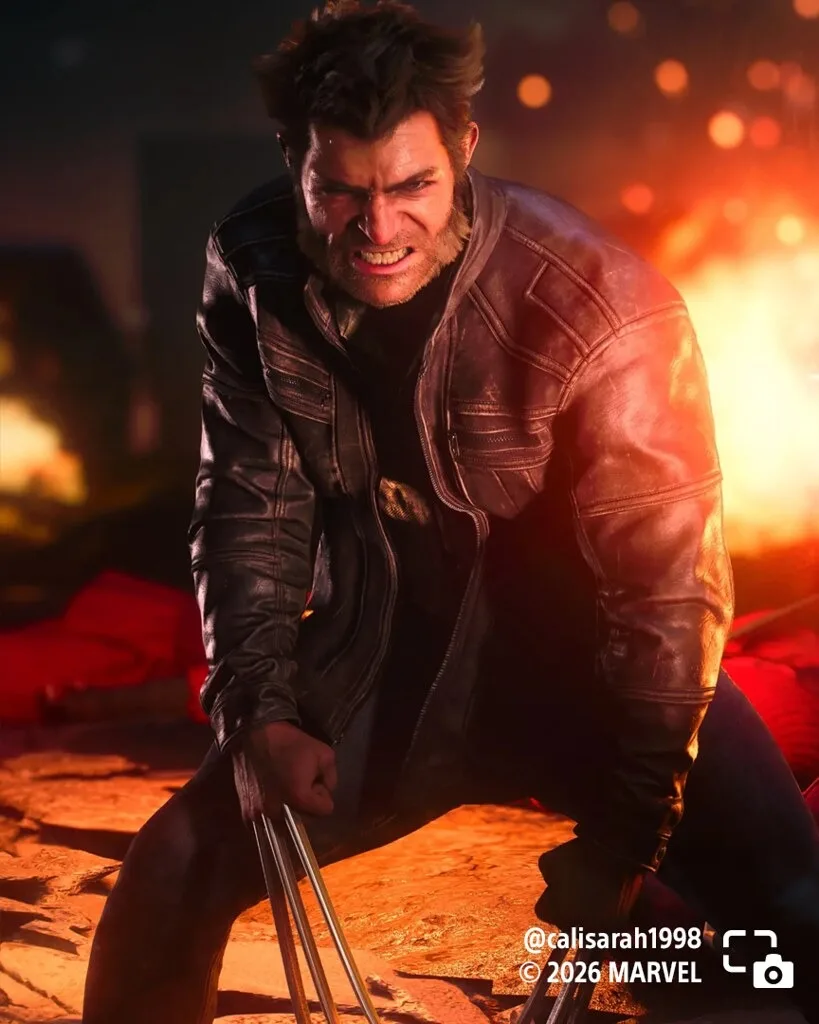 Logan crouches in front of wreckage with his claws extended
