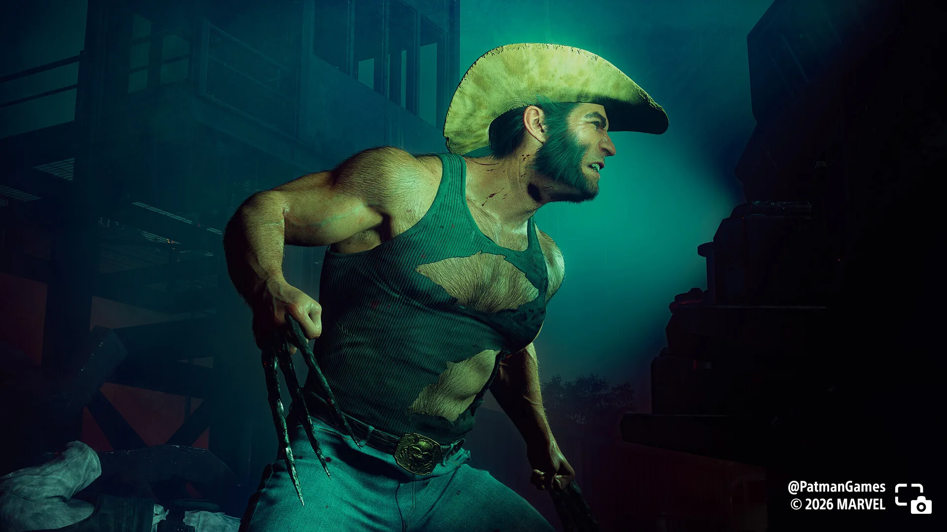 Logan in a cowboy hat perched on a ledge with his claws out