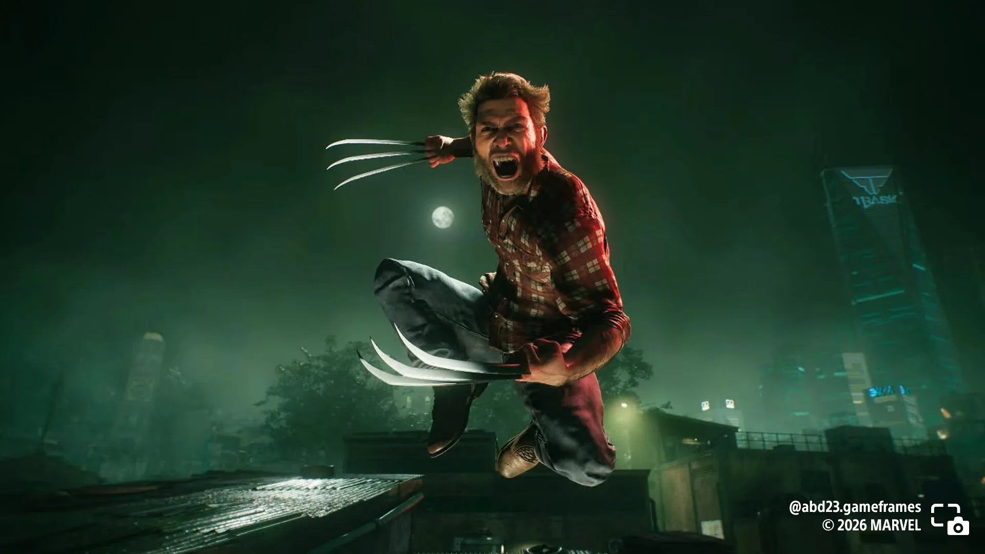 Logan leaps through a dark street with his claws extended