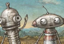 Two metal robots stand in a rocky landscape beneath a blue sky.