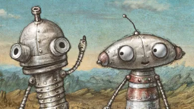 Two metal robots stand in a rocky landscape beneath a blue sky.