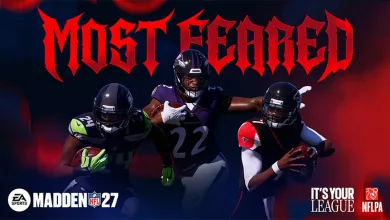 Three football players in dark uniforms appear beneath the Most Feared title, with Madden NFL 27 branding below.