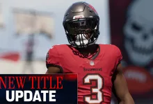 A Tampa Bay Buccaneers player wearing a red number 3 uniform in a Madden NFL 27 title update graphic.